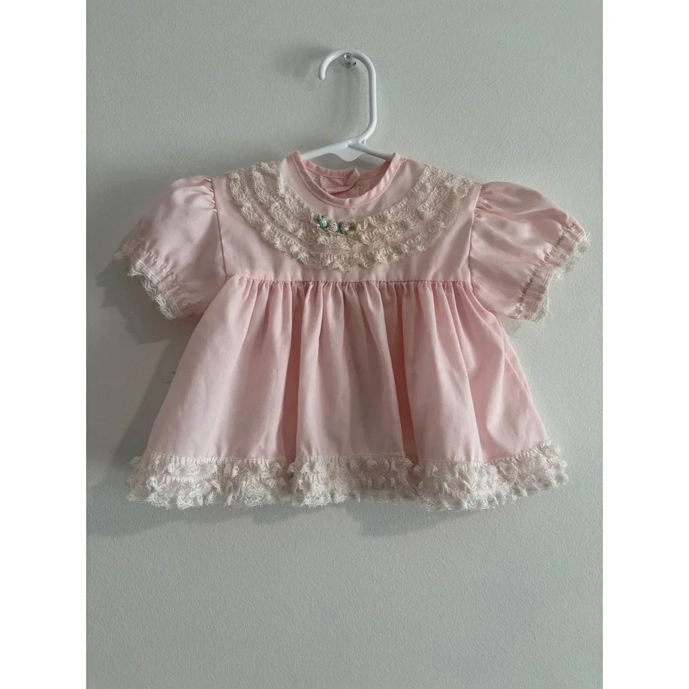 Unbranded Vintage Style Lace Trim Baby‎ Top 6-9M Pink Floral Embroidery Bow girl